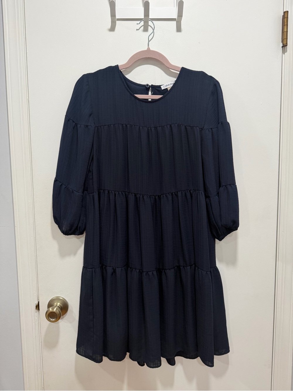Calvin Klein Women Navy Tiered Puff-Sleeve Dress